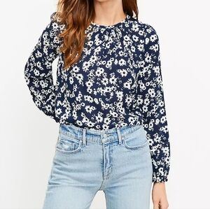 LOFT floral shirred neck long sleeves top, medium, blue